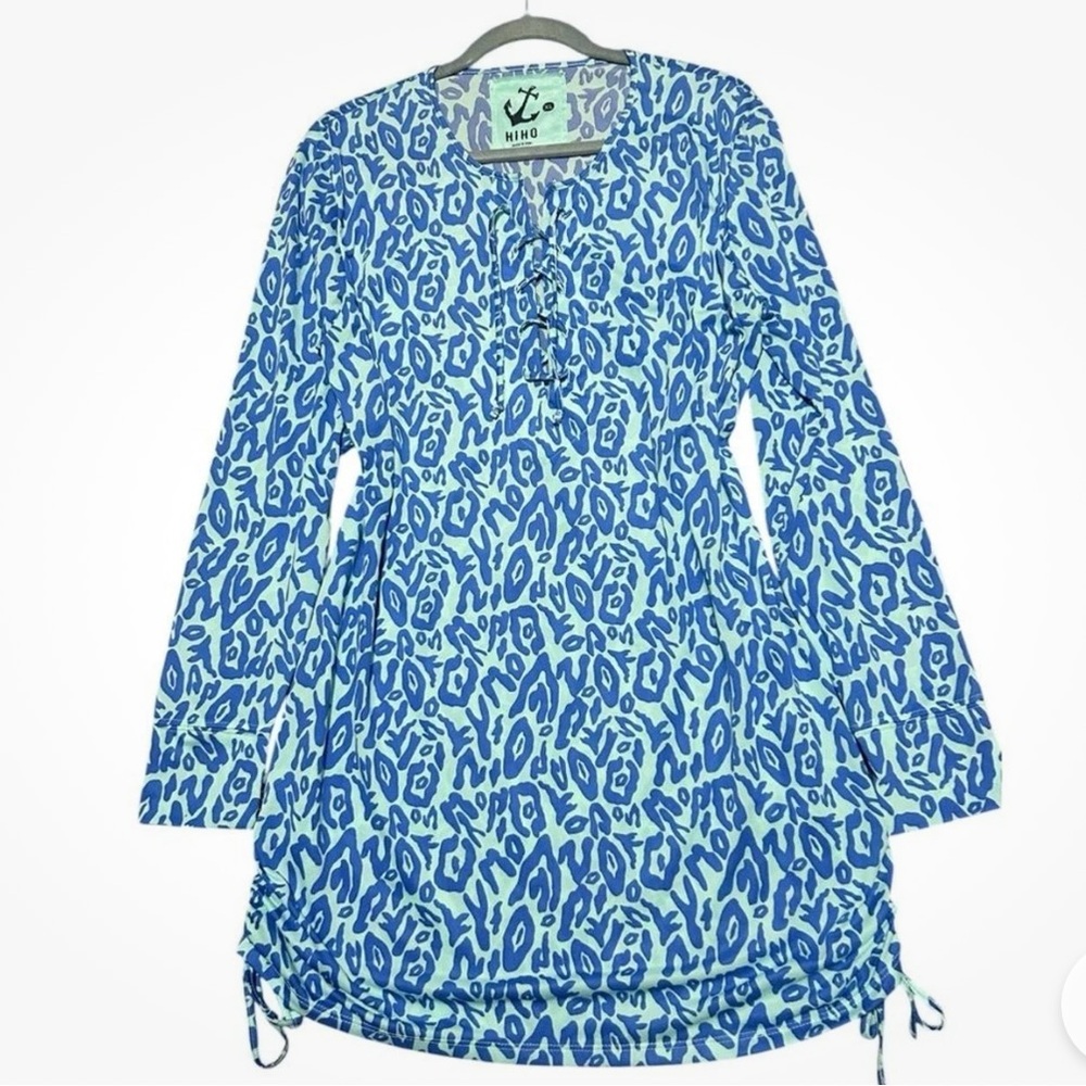 HIHO Blue Leopard Print Womens Swim Cover Up X Small Ruched Sides